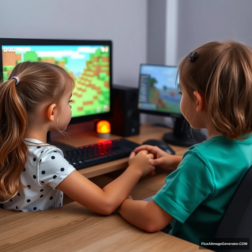 A little girl sitting in front of the computer playing Minecraft game. - Image