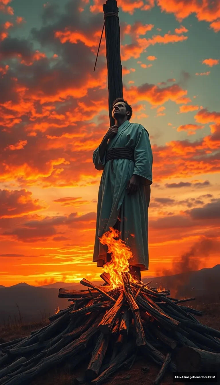 A lone figure, dressed in a white robe, is tied to a towering wooden pole on a barren hilltop. The sky is ablaze with the orange and red sunset, a large fire burns the pile of wood beneath his feet, the flames reaching his face, and his clothes are burning. The figure's face is turned to the sky, his expression calm and accepting. Dramatic lighting, cinematic, highly detailed, digital painting.