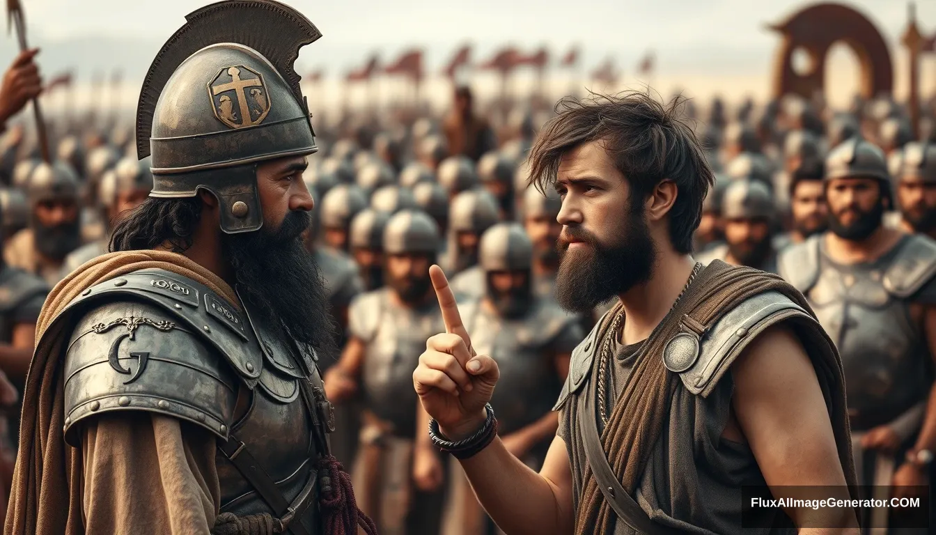 Create an image of two men arguing while onlookers crowd around. The man on the right is a young man with messy unkempt hair and a short beard, wearing just a simple biblical-era shepherd’s tunic. He has a serious expression and is looking intently into the eyes of the man he is arguing with, gesturing with his right hand pointing upward, as if he is explaining something to a middle-aged Mesopotamian king. The king has a black beard and is wearing a full suit of bronze-age Mesopotamian armor with laminated strips of bronze and a conical helmet with a pointed tip. The background shows a blurred crowd of soldiers also wearing armor similar to the king's. Standing on the horizon further in the background is a blurred front of a large biblical-era army. The overall mood of the image is one of anxiety and concern.