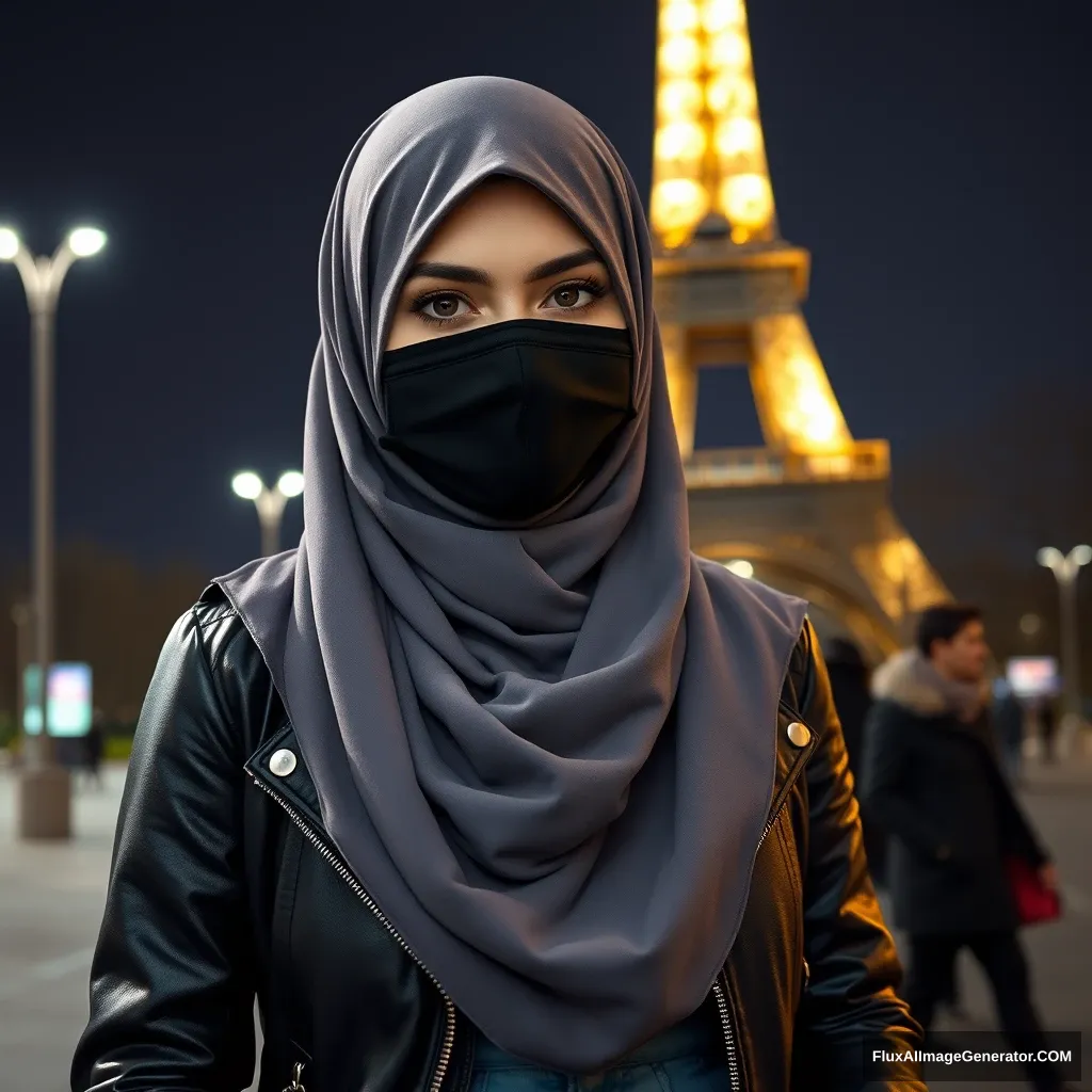 A biggest grey hijab Muslim girl, beautiful eyes, face mask black, black leather jacket, biggest longest skirt, standing near Eiffel Tower, theme Olympic logos, night scenery, hyper-realistic, street photography. - Image