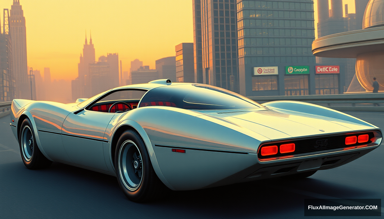 a 1970s futuristic sports car concept with a plaid interior, as painted by Syd Mead, future city setting, 4k.