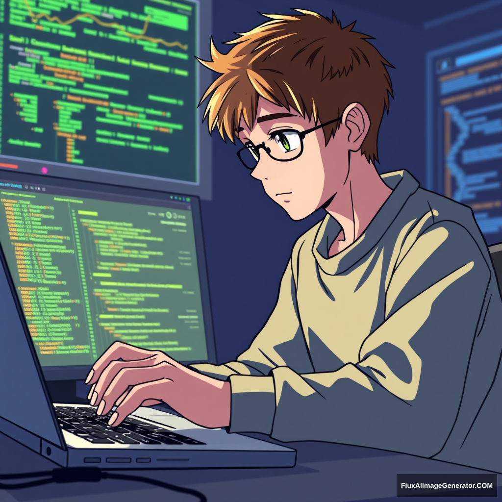 A teenage boy in an anime theme working on a laptop solving a bioinformatics problem. - Image