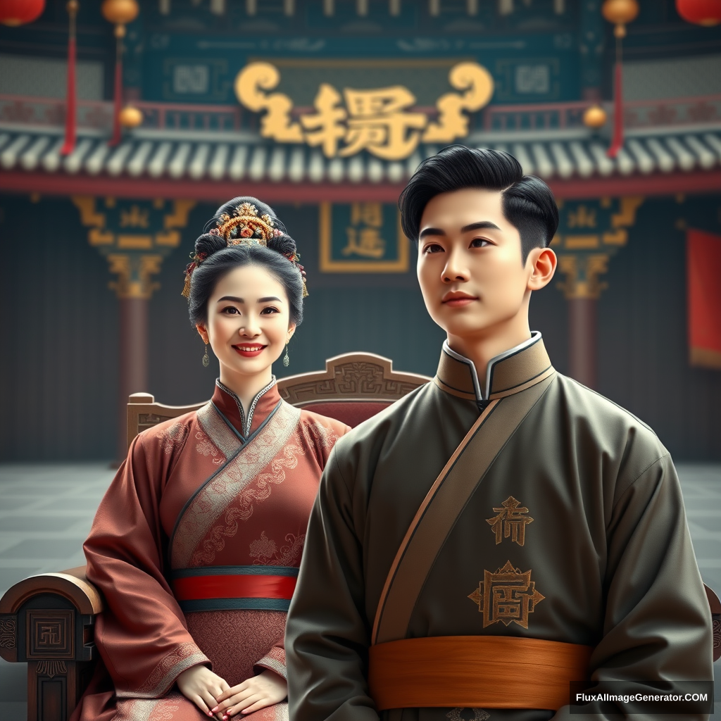 A middle-aged woman, a young man, the woman sits on the throne, the man stands in front of the throne, the woman smiles, the man looks haughty, during the day, in the grand hall of the palace, Chinese ancient style, hyper realistic.