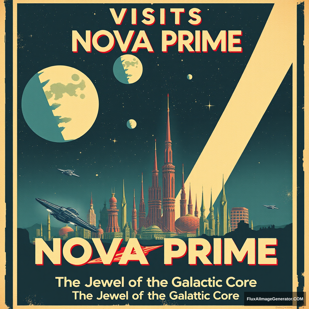 A vintage-style travel poster for a fictional planet. The poster features a retro-futuristic cityscape with flying cars and towering spires against a starry sky with multiple moons. In bold, stylized letters at the top, the text reads 'VISIT NOVA PRIME' and at the bottom in smaller text 'The Jewel of the Galactic Core'.