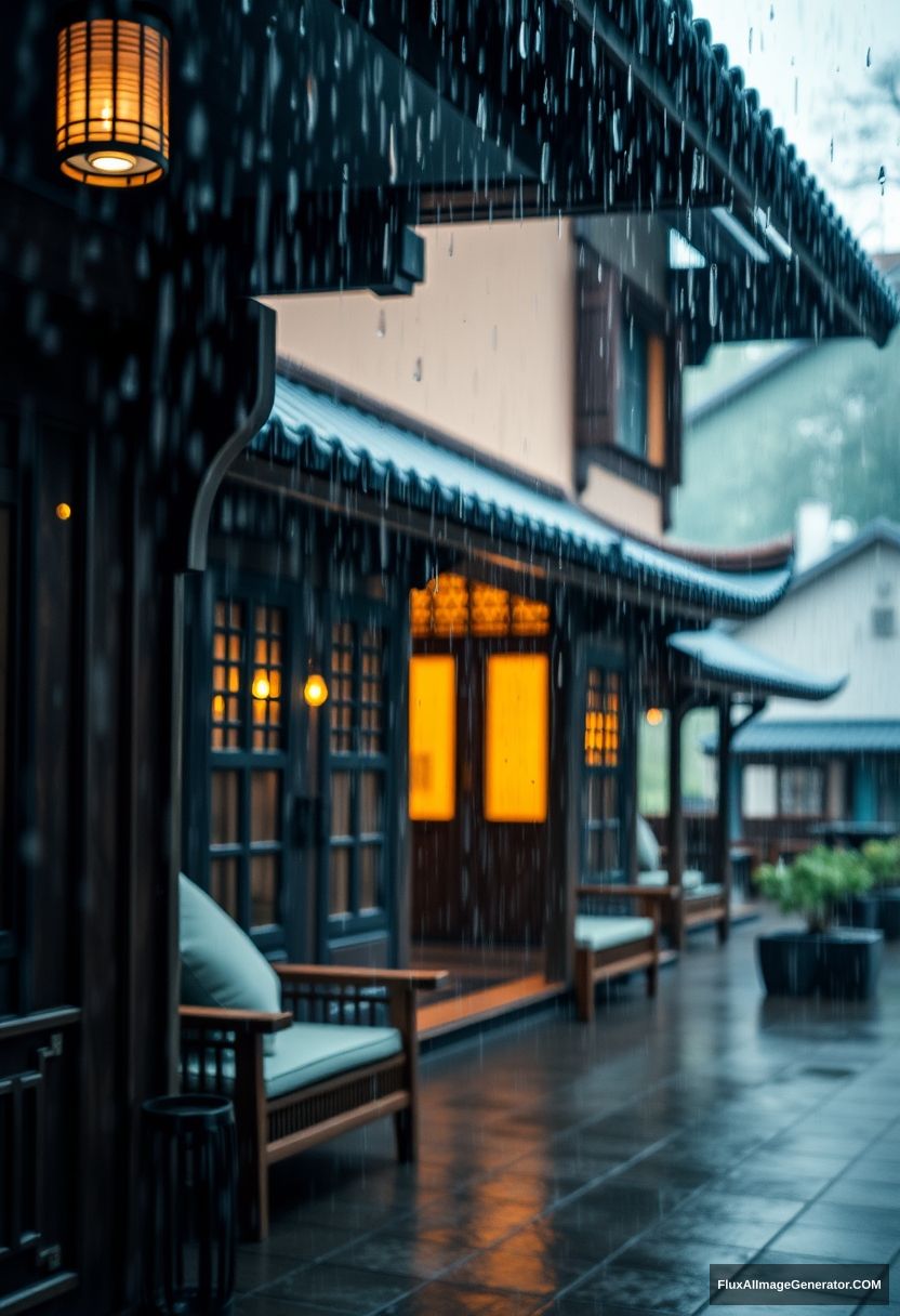 Outside view, rainstorm, a total of oriental cabins, exquisite detail design house, warm colored lighting window, aesthetic sense, comfortable, comfortable, relaxed, master composition.