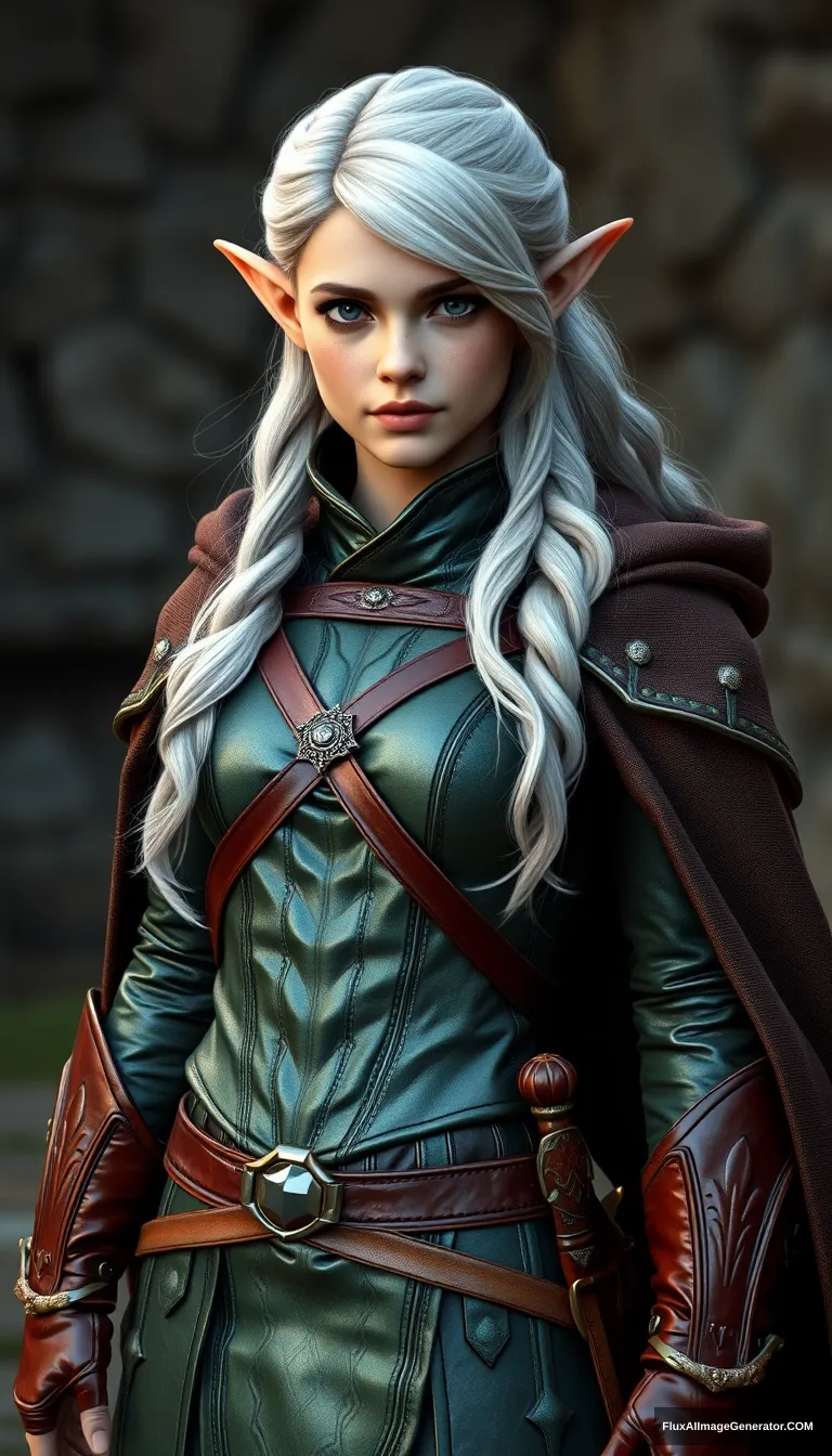 Gorgeous and elegant girl elf warrior (Emma Watson), full body shot, platinum colored hair, greenish metallic military uniform, reddish military metallic boots, dark brown cloak, hyper-realistic photo, 8K, unreal engine.