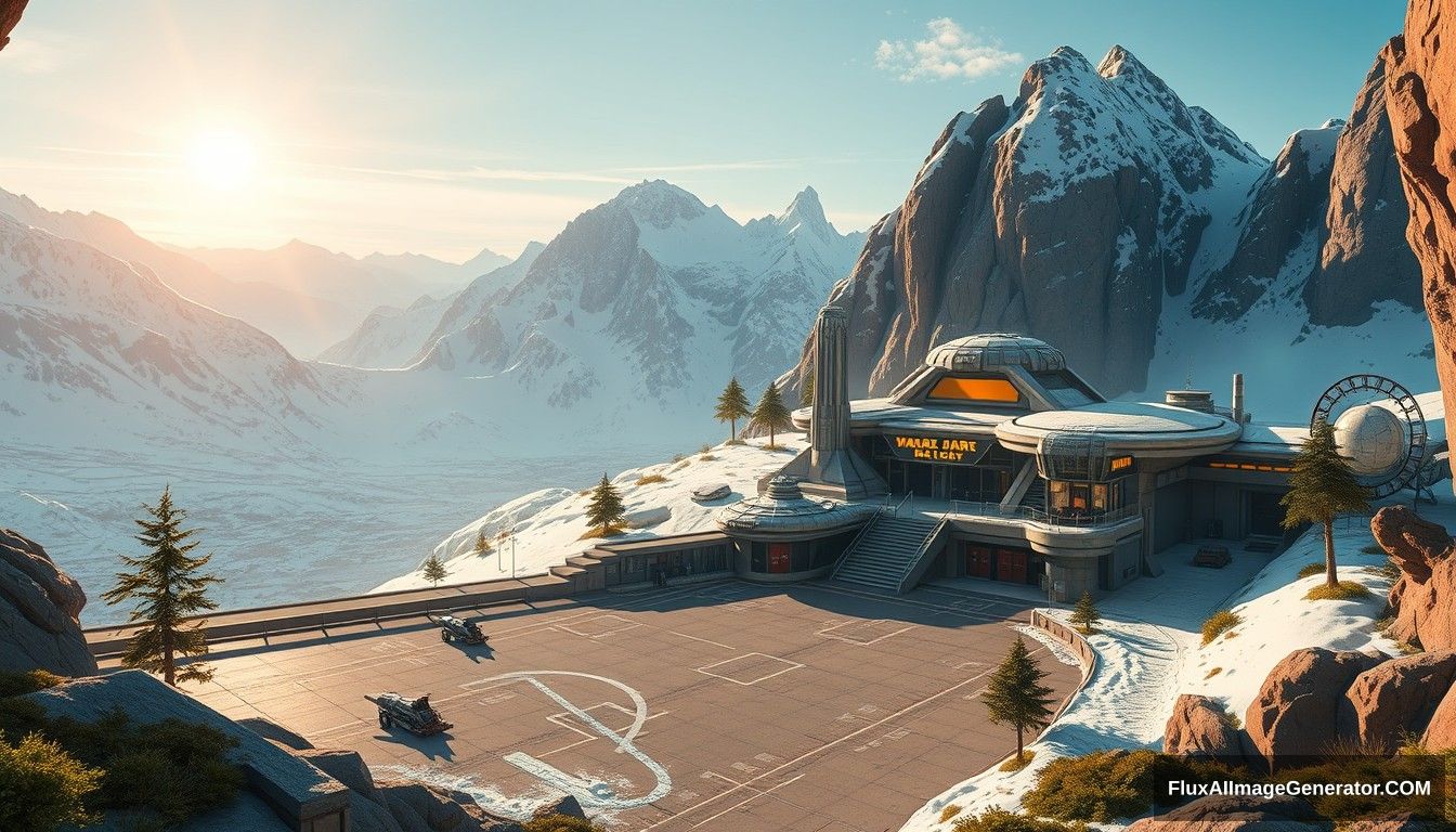 Cel shaded art, wide shot, a sci-fi center on the top of a snow mountain, open air, close look, cyberpunk, military base, Star Wars style, indoor, patio, morning, sunlight, fortress, mountain, rock, snow, tarmac, parking apron, cave, tree, landing field, cliff. - Image