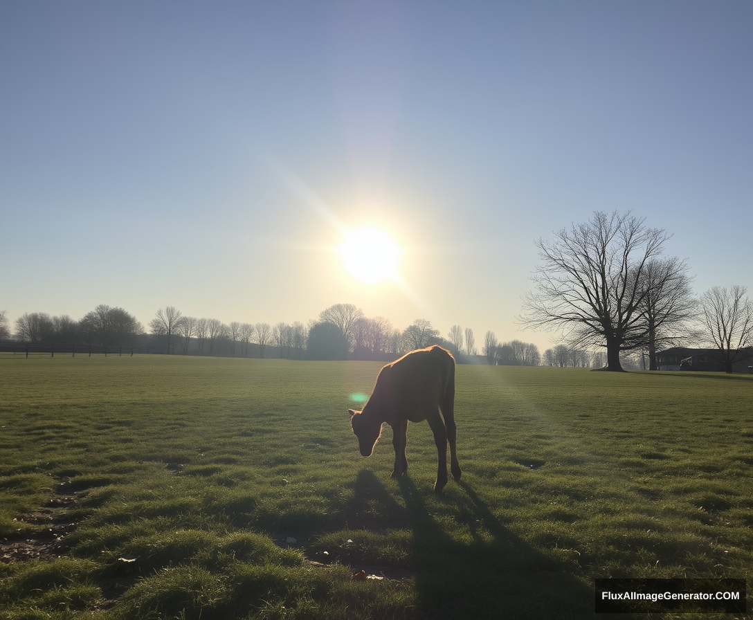 The morning sun, the calf is grazing. - Image