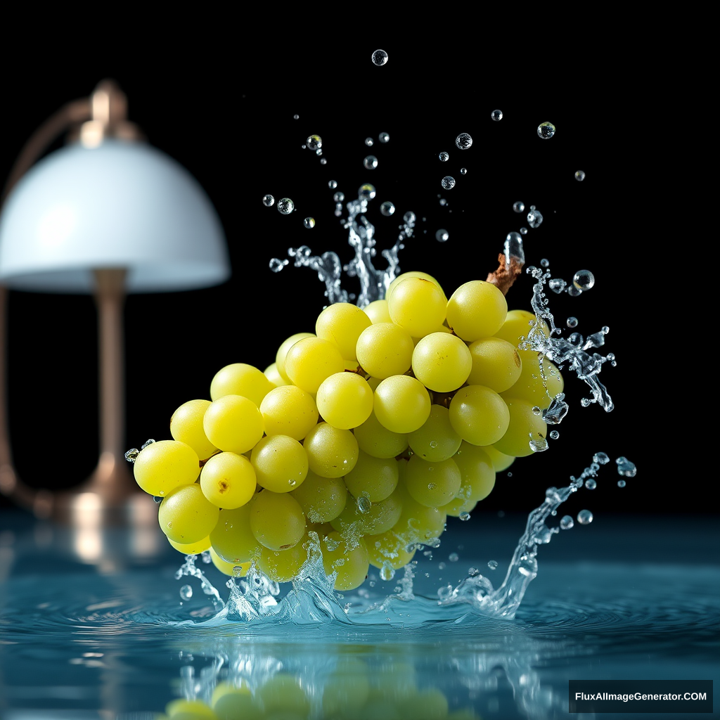 Create an image of a bunch of green grapes falling into the water. The image captures the moment when the bunch touches the water, causing splashes and clear water droplets that shine with light reflections. The entire scene is set against a dark background, with a table lamp behind providing a white light source. - Image