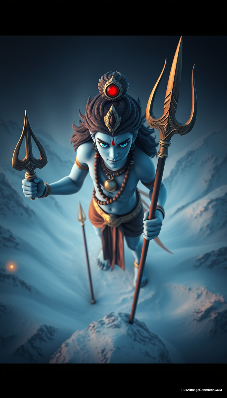 young Mahadev, trident, (3 eyes), evening, snow mountains, bird's eye view, (blue skin), 3D, cinematic lighting, full body shot