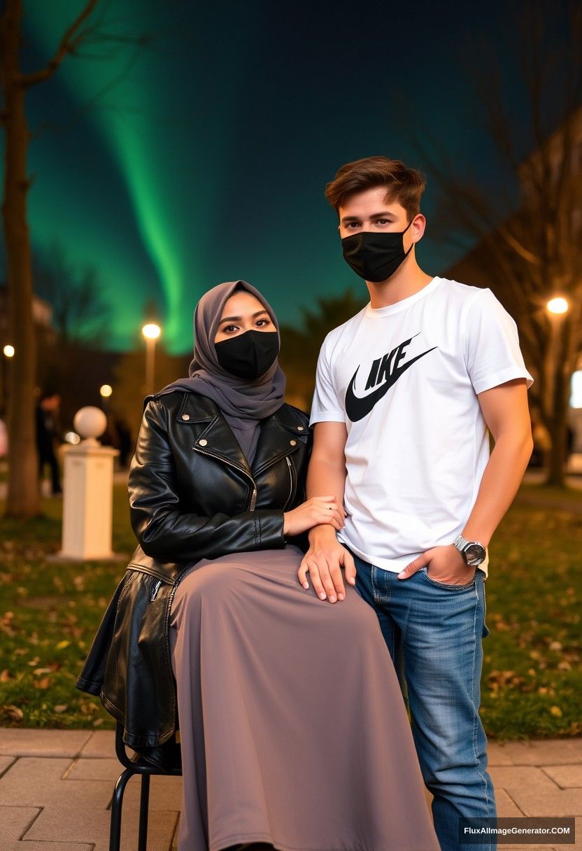 Jamie Dornan, tall, young, wearing a black face mask, a white Nike T-shirt, and jeans,

dating a romantic Muslim girl in a grey hijab, with beautiful eyes, a black face mask, a leather jacket, and a very long and large skirt, who is not tall,

sitting on a chair in a park, in town, photorealistic, street photography, selfie photos, night scenery, aurora borealis. - Image