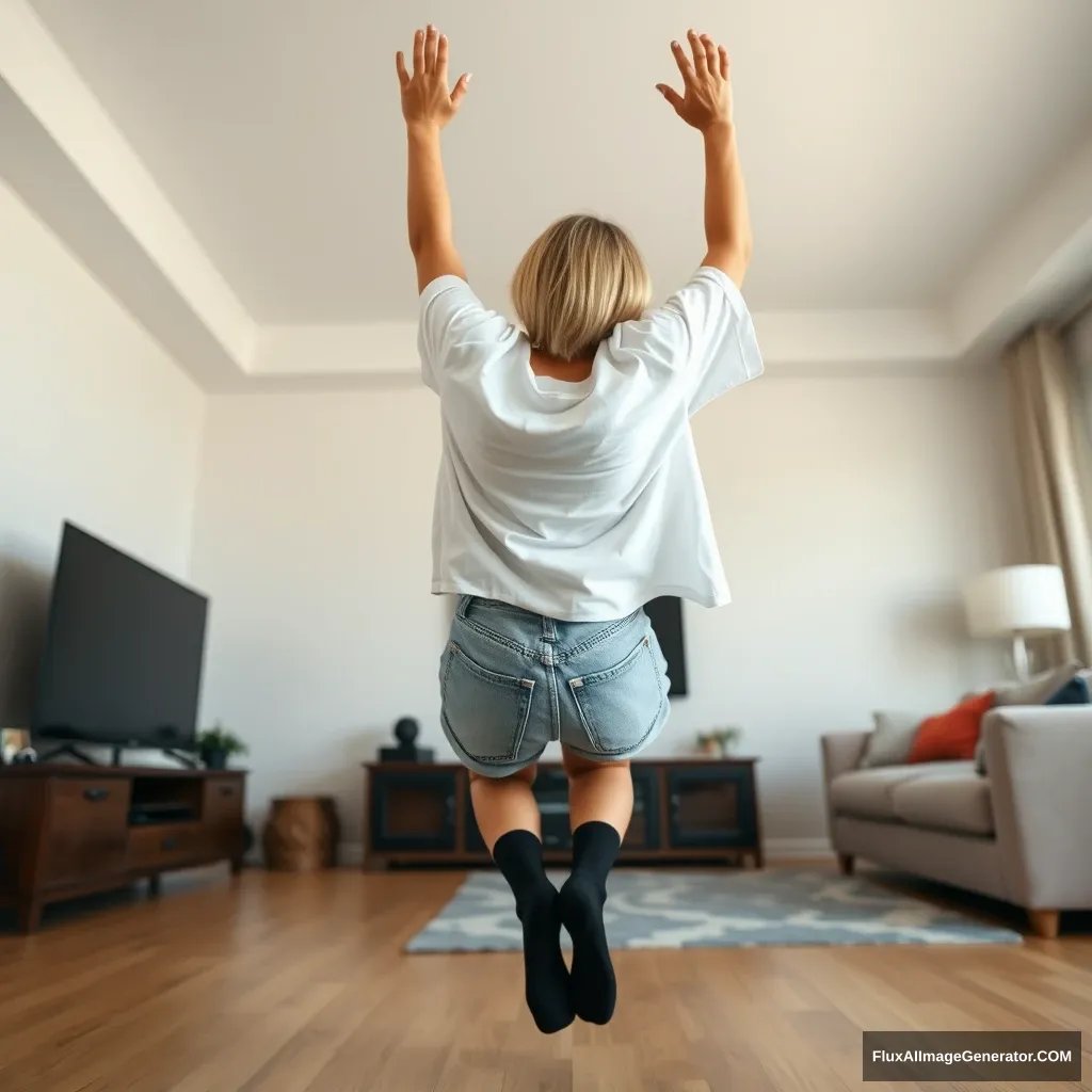 A side view of a skinny blonde woman in her large living room, wearing an extremely oversized white t-shirt that is uneven on one sleeve. She is also wearing oversized light blue denim shorts that are not rolled up, and ankle-high black socks without shoes. Facing her TV, she dives headfirst with both arms raised below her head, which is looking up, while her legs are in the air at a -60 degree angle. - Image