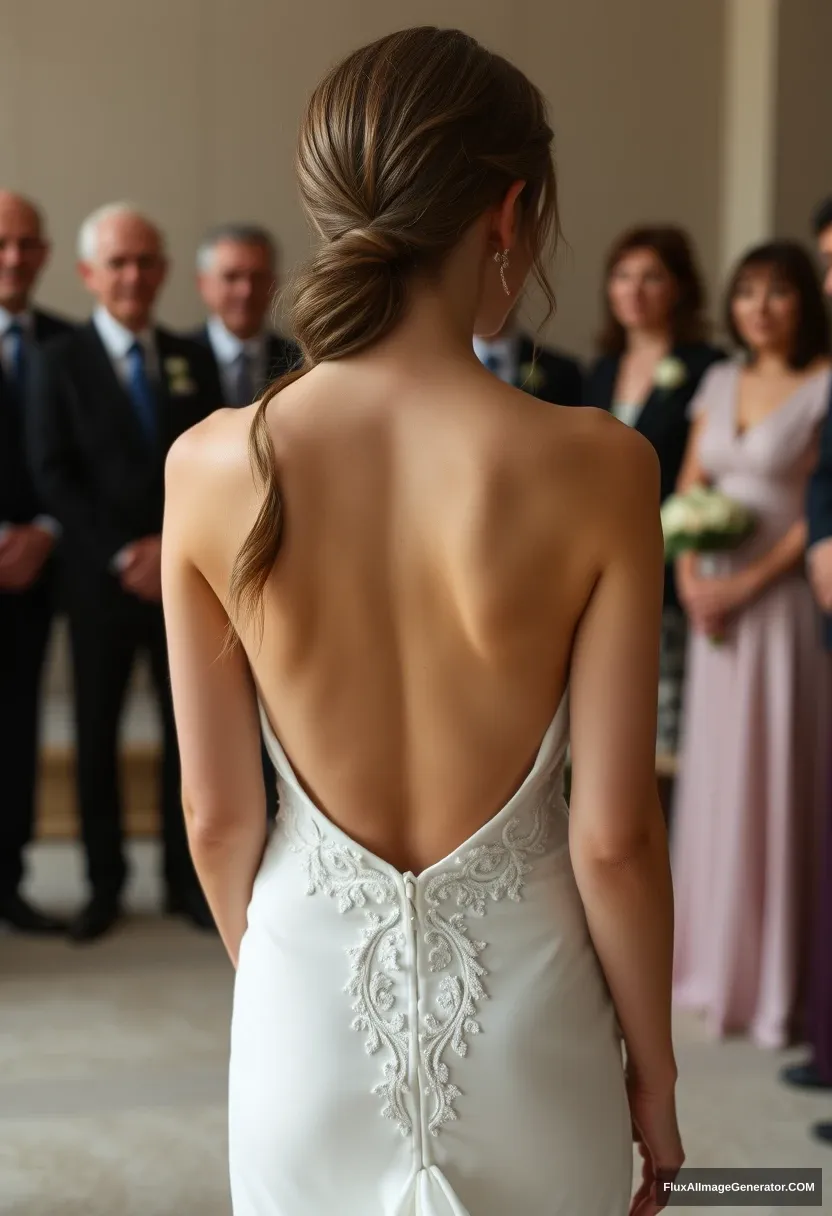 A short young woman, sensitive, delicate, backless strapless side-less low-waisted contouring wedding dress with an open rear that seems like it was intentionally left undone. Before the council of fathers. Expectations. Perfect posture. Pale skin.