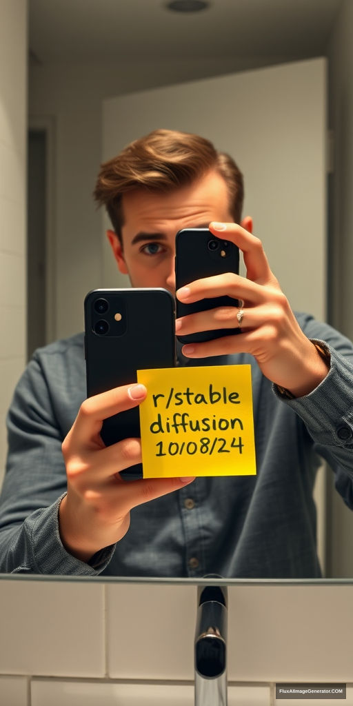 Man in a meticulously detailed bathroom, capturing a mirror selfie with the latest iPhone. He's holding a vibrant yellow post-it note displaying "r/stablediffusion" and "10/08/24". Hyper-realistic style with precise lighting, reflections, and textures. Verification-style composition, natural color palette. Subtle tension in expression, modern tech-savvy atmosphere. - Image