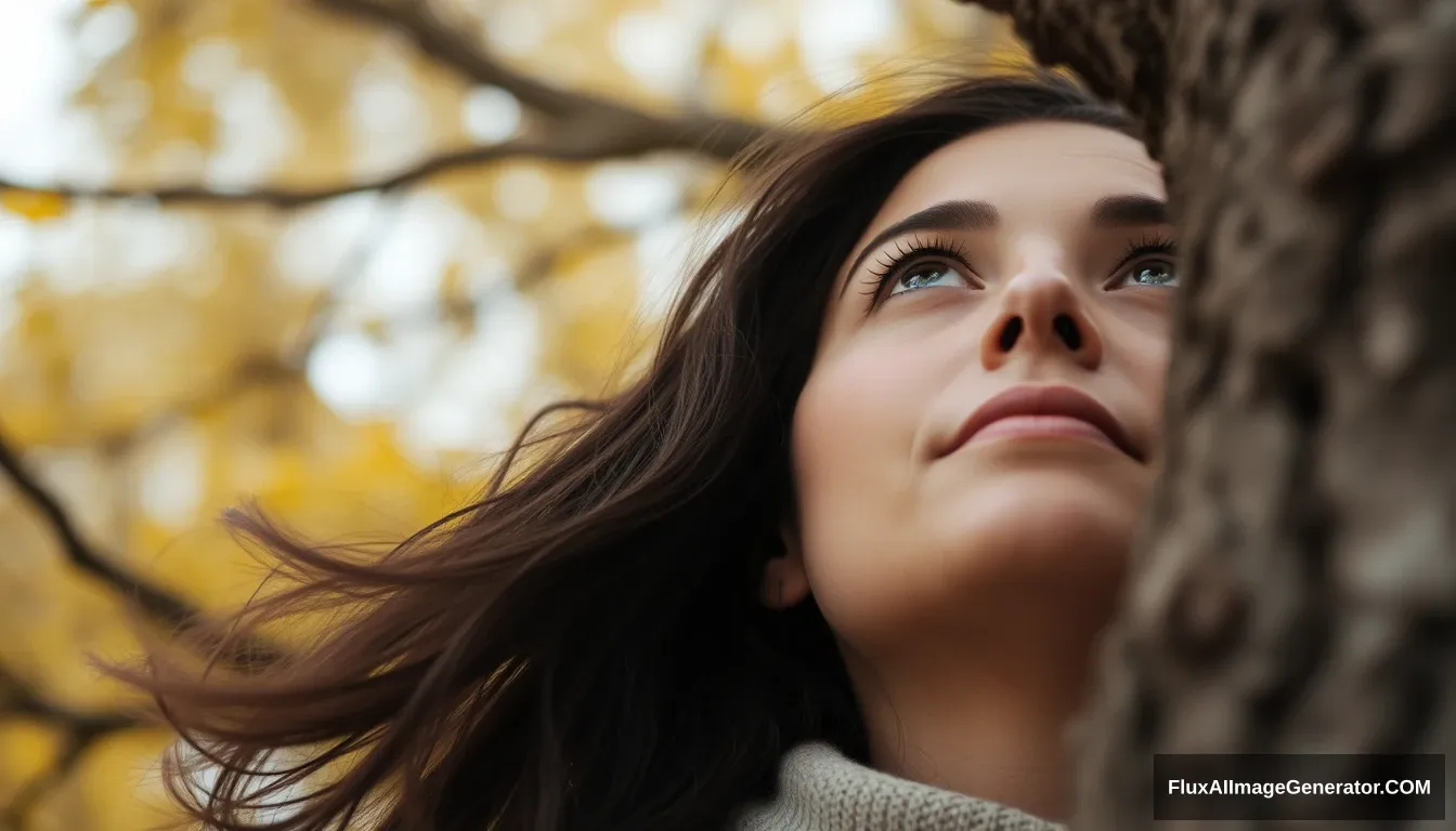 A woman is looking at the tree. Close up.