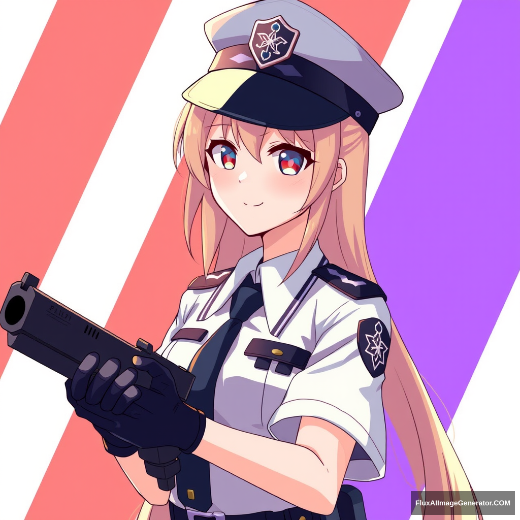 Neco Arc, neco, MELTY BLOOD, smiles and looks straight, she is dressed in a police uniform and has a gun in her hands.