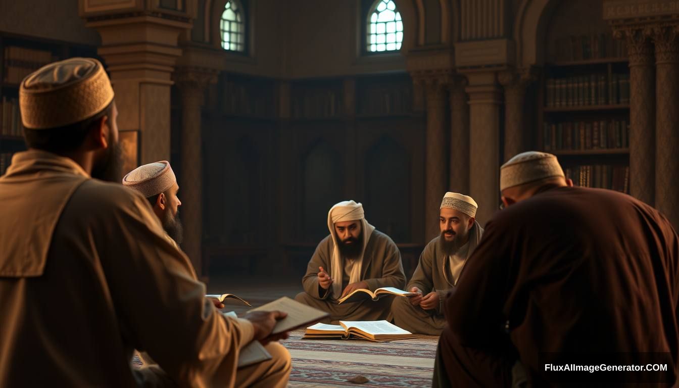 A reflective scene showing a group of Muslims contemplating and discussing the story of Tamim ad-Dari and Dajjal, set in a peaceful, scholarly environment. Ultra HD, realistic, contemplative, with warm and cinematic lighting. - Image