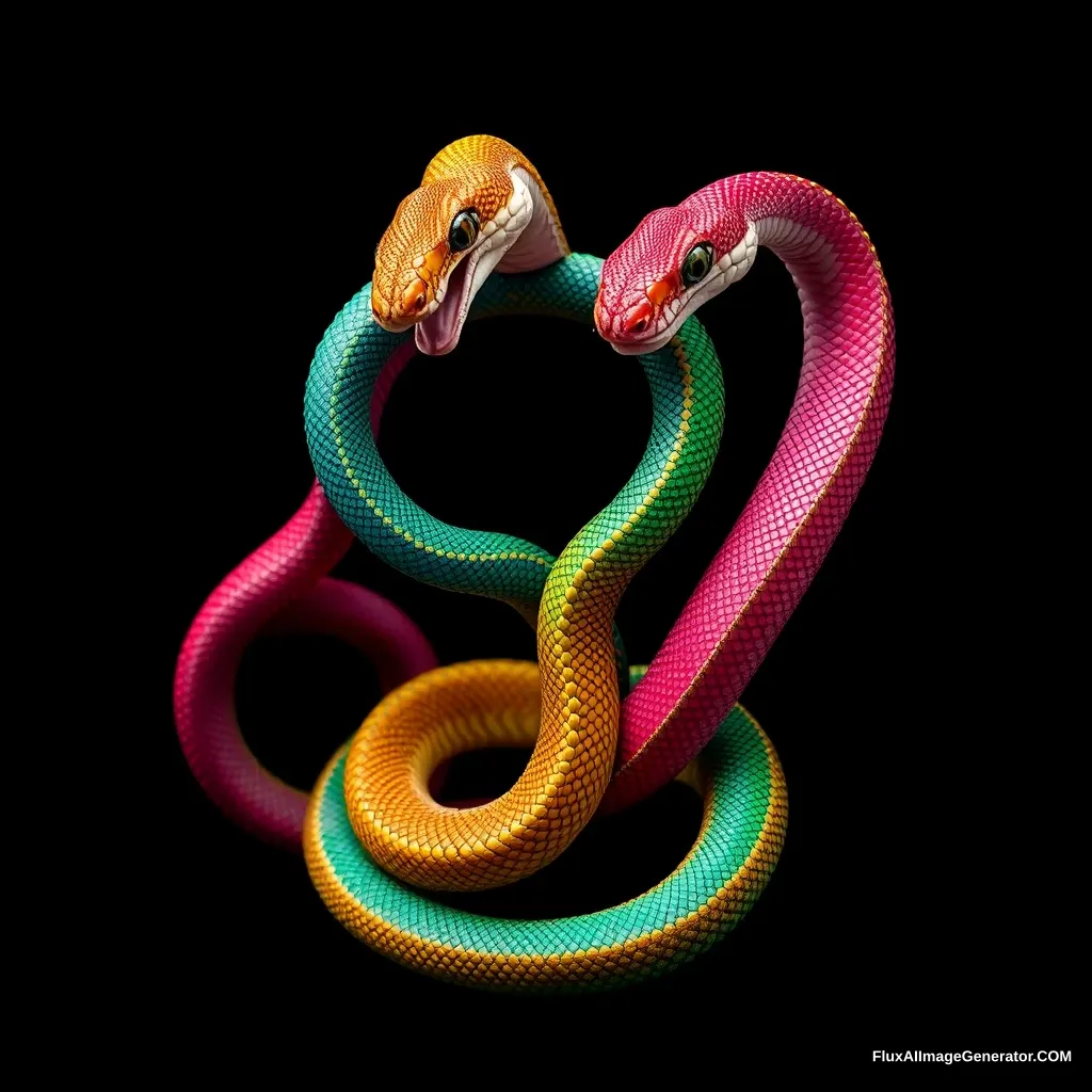 Colorful snakes expertly coiled and gracefully performing a dance, causing an illusion of artistry. - Image