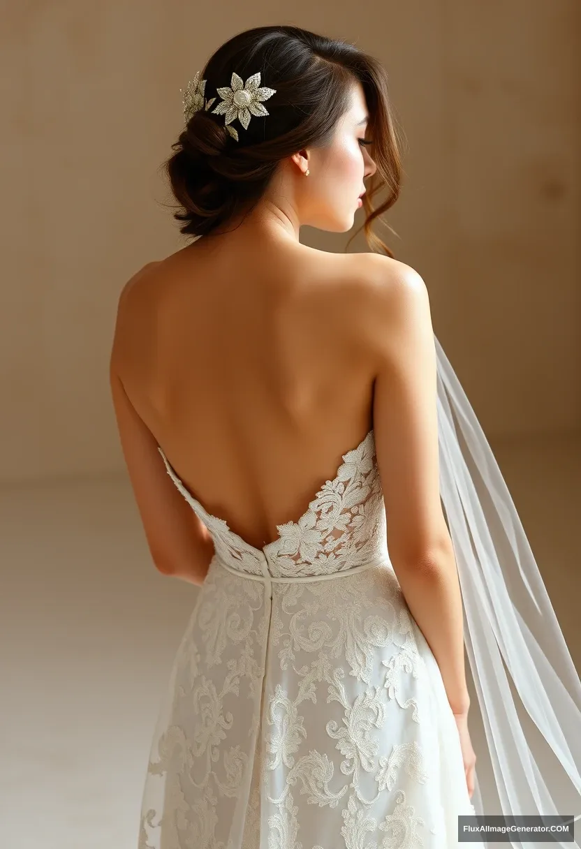 a young woman, sensitive, delicate, ashamed, backless strapless low-waisted wedding dress - Image