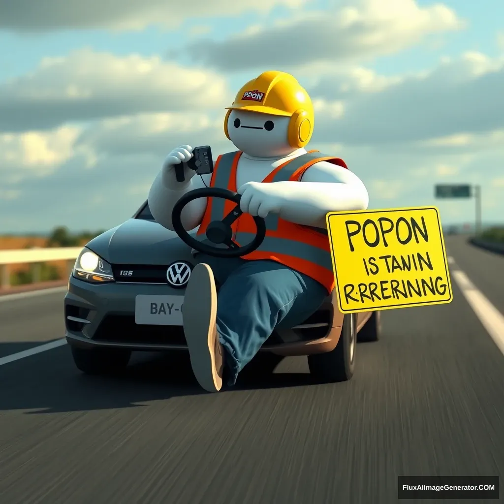 /imagine Baymax is on the highway driving a Volkswagen car and listening to the radio. He is wearing blue cargo pants, a fluorescent orange and yellow safety vest, safety shoes, and a yellow helmet with the word POPÓN on it, along with a sign that says POPON IS RETURNING HOME.