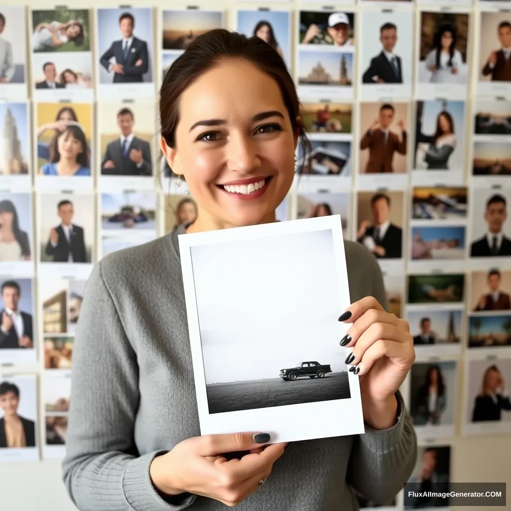 A woman holding a photo, smiling at the camera, with a whole wall of photos behind her.