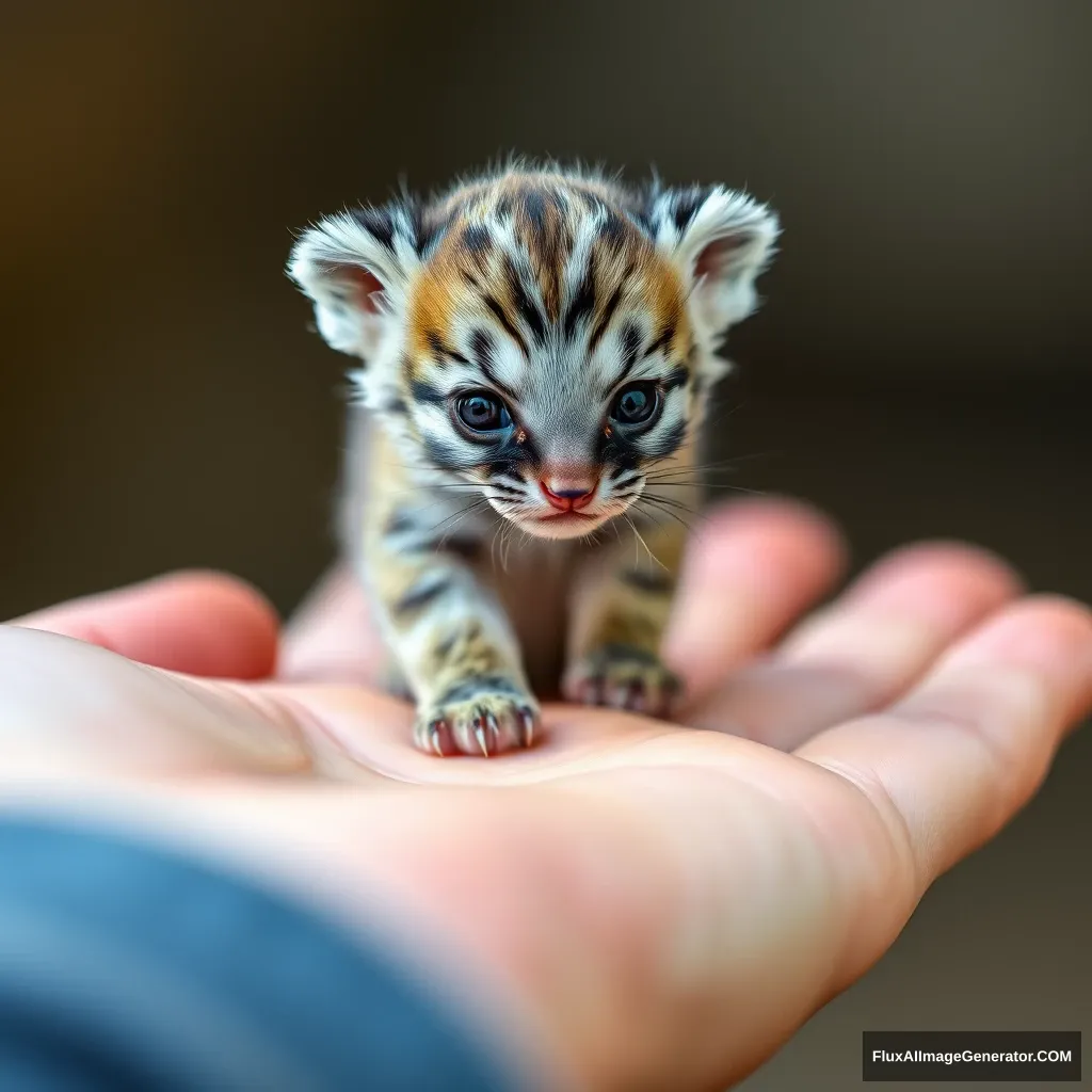 A high-quality macro photo of a cute super tiny cub standing delicately on the palm of a human, walking towards the base. The human palm should be clearly visible, highlighting the cub's unrealistically tiny size in comparison. The background should be softly blurred to focus attention on the cub and the finger. --ar 16:9 --stylize 400 --v 6.1