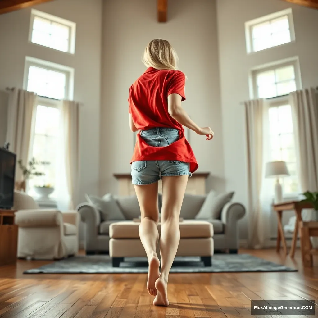 Front view of a slender blonde woman in her spacious living room, wearing a vastly oversized red polo shirt that hangs unevenly on one shoulder, paired with large light blue denim shorts that reach her knees. She is barefoot and turns to face the camera as she stands up from her chair and runs toward it with her arms straight down at her sides. - Image