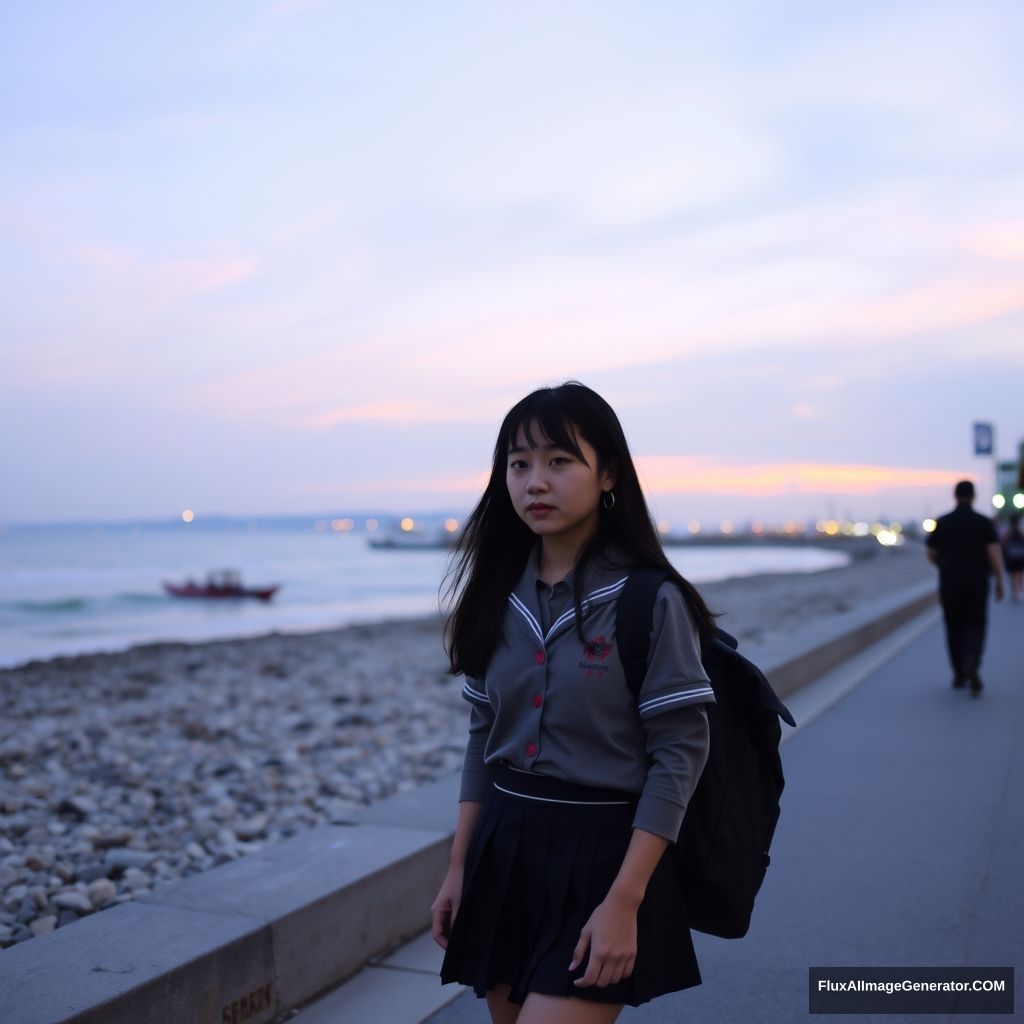 'A female student walking by the seaside, beach, dusk, Chinese, street, Chinese school uniform, 14 years old.'