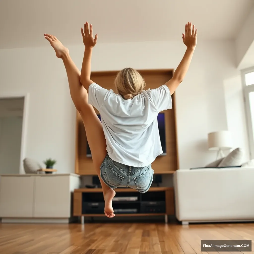 Side view angle of a slender blonde woman in her spacious living room, wearing a massively oversized white t-shirt that is very unbalanced on one shoulder. She is also wearing oversized light blue denim shorts, with no shoes or socks. Facing her TV, she dives headfirst into it, arms raised below her head and legs high in the air, at a 60-degree angle.