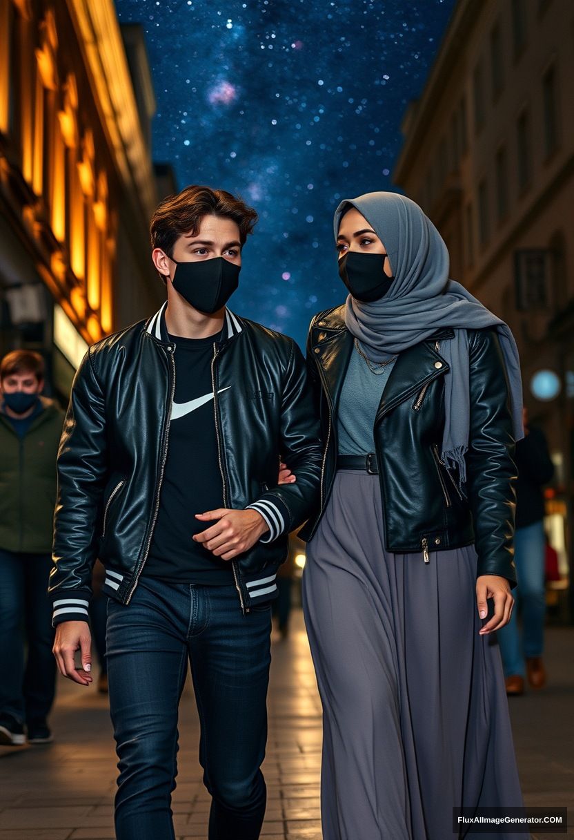 Jamie Dornan, youngest, black face mask, collage jacket, Nike t-shirt, jeans, tall man, fit body,

Dating, love with the biggest grey hijab Muslim girl, beautiful eyes, black face mask, leather jacket, biggest longest skirt, slim shorter girl, holding his arm

Walking in town, night scenery, Milky Way, hyper-realistic, photorealistic, street photography.