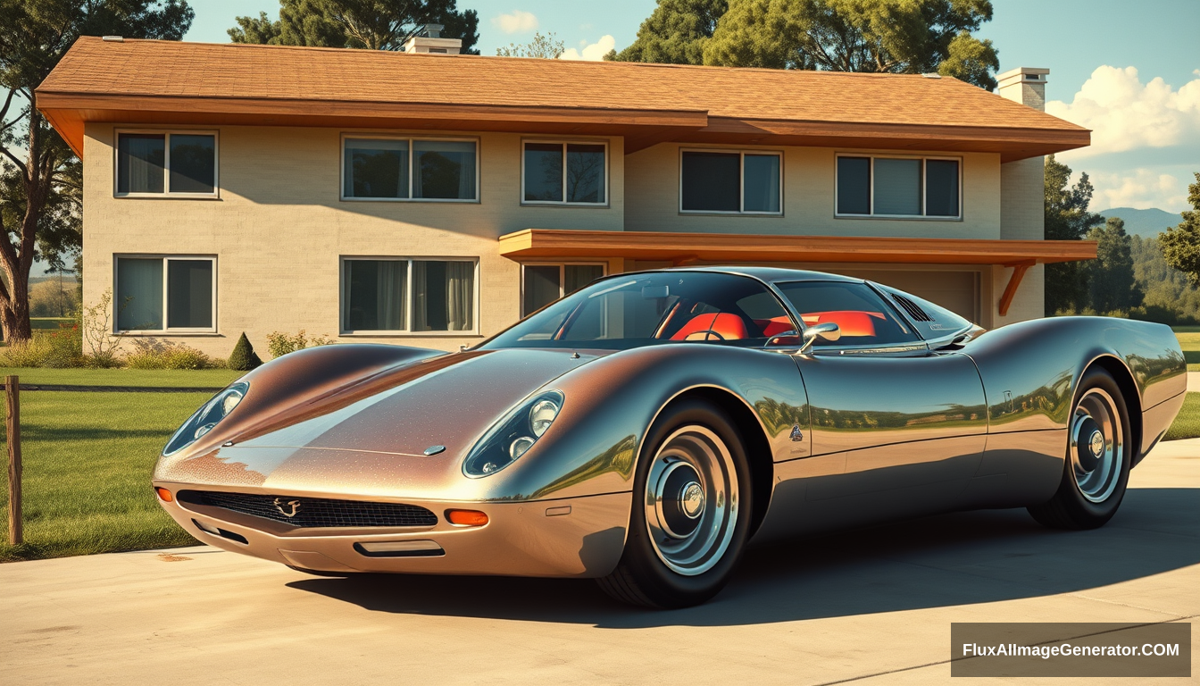 A radical concept car from the 1960s sitting in front of a Mid-Century Modern house, as painted by Syd Mead, in a countryside setting, 4k, with metal-flake paint.