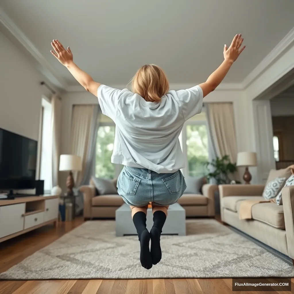 Side view of a blonde, skinny woman in her massive living room, wearing an oversized white t-shirt that fits very unevenly on one of the shoulders, paired with oversized light blue denim shorts that aren't rolled up. She's wearing ankle-high black socks with no shoes. Facing her TV, she dives headfirst with arms raised, her head looking up and legs dangling in the air at a -60 degree angle. - Image