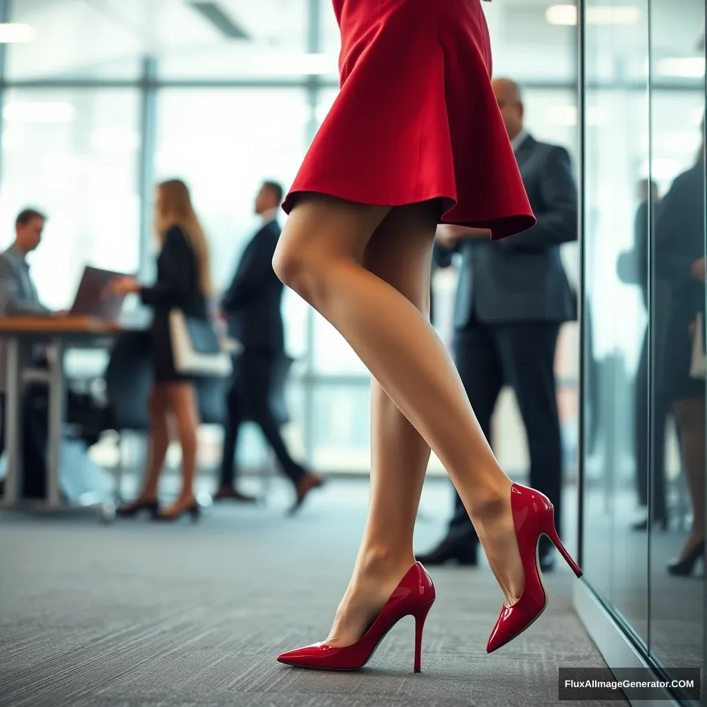 A woman working in the company, indoors, wearing red high heels and an office lady skirt.