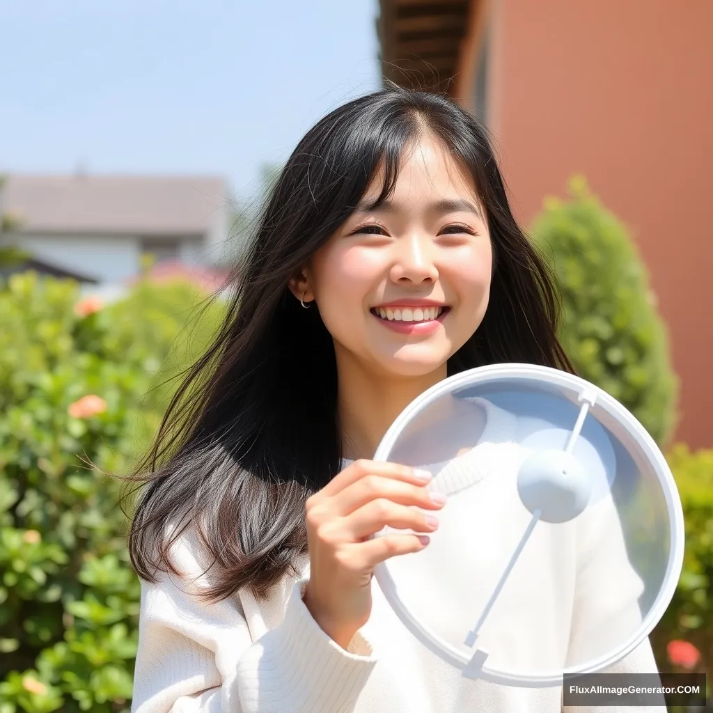 Korean girl with bright smile, holding a sun protector.