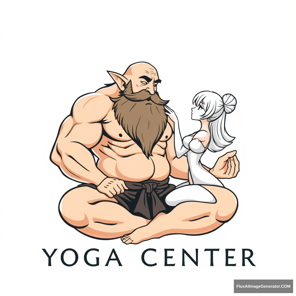 Yoga Center Tahir logo: a muscular large bald dwarf with a beard in the lotus position flirting with an anime woman. - Image