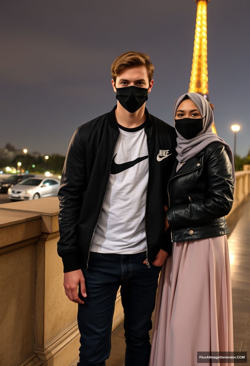 Jamie Dornan, youngest, black face mask, collage jacket, Nike t-shirt, jeans, tall man, fit body,

Dating, love with the biggest grey hijab Muslim girl, beautiful eyes, black face mask, leather jacket, biggest longest skirt, cute not tall girl,

standing at a wall, an Eiffel Tower, night scenery, hyper-realistic, photorealistic, street photography. - Image