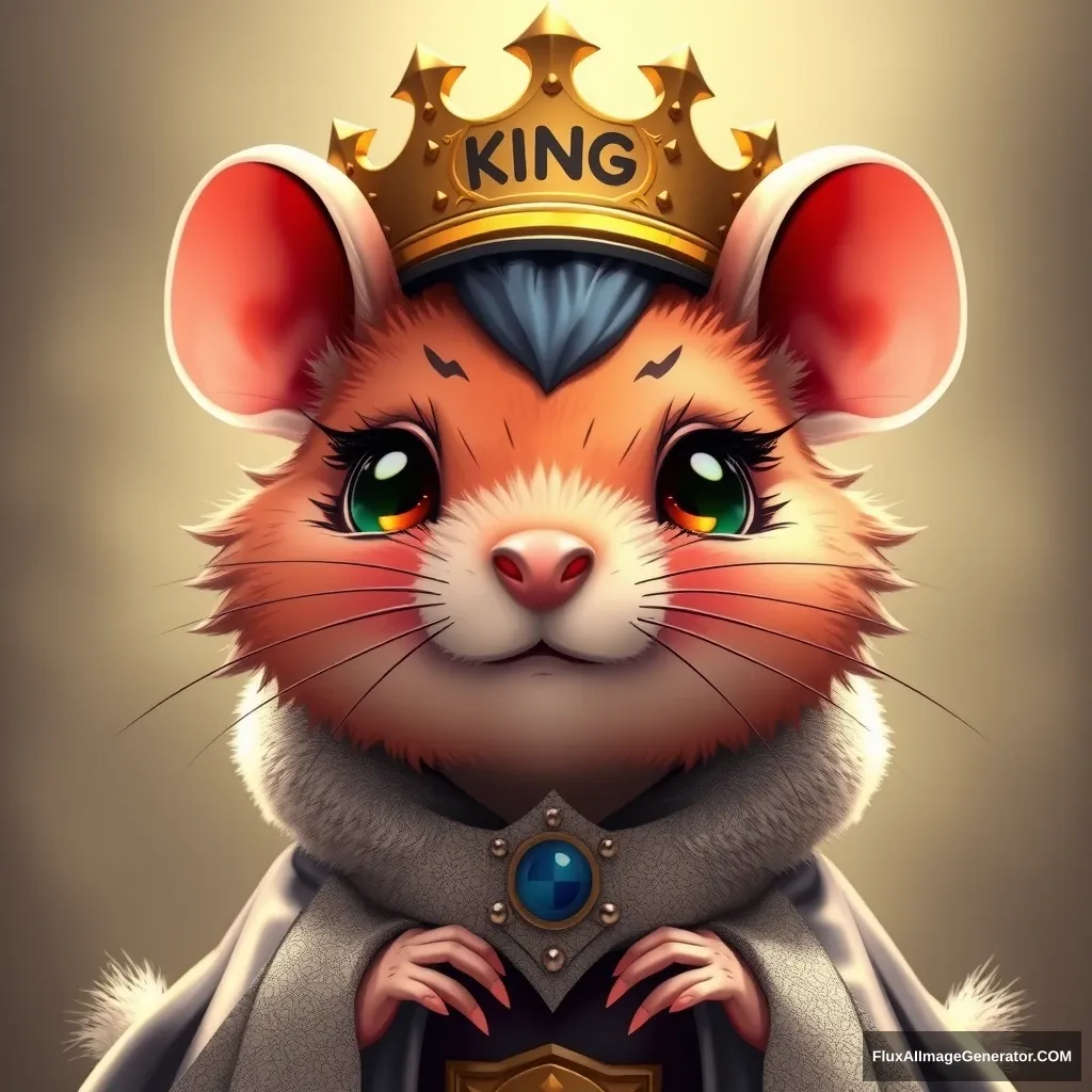 By Kamome Shirahama, a fantasy cute anthropomorphic rat king in a crown, kids manga, Chrono Trigger style, cute details, anime, cute fantasy, kawaii, contrasting colors, pretty colors, dramatic lighting, portrait, intricate details, manga panel, realistic, 3D rendering, Octane render, there is a king text in the crown.