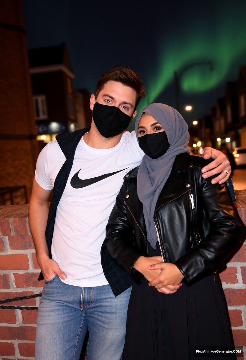 Jamie Dornan, tall and handsome, wearing a black face mask, a white Nike t-shirt, and jeans, is on a romantic date with a beautiful Muslim girl in a grey hijab, who has striking eyes and is wearing a black face mask and a leather jacket, along with a very long and large skirt. She is not very tall. They are laying against a brick wall in the town, in a photorealistic style, capturing street photography and selfie photos under the night scenery with the aurora borealis.