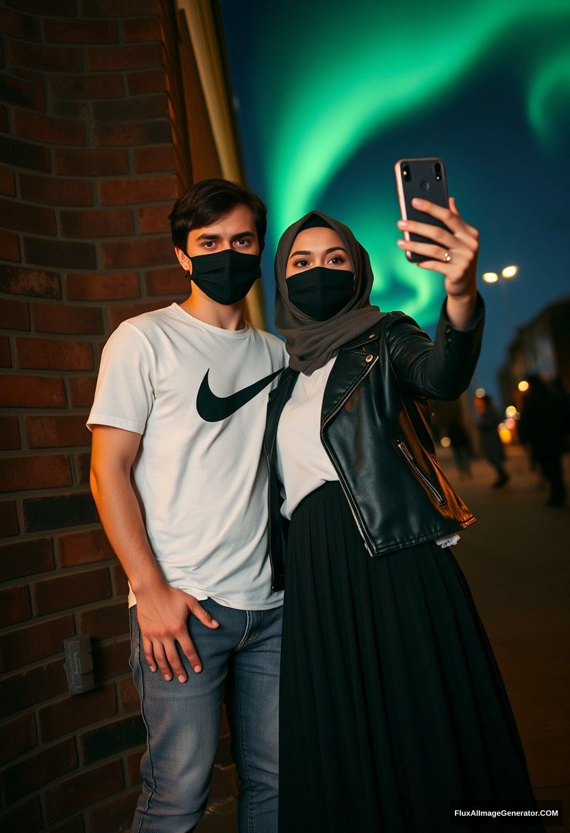 Jamie Dornan, tall, young, wearing a black face mask, a white Nike t-shirt, and jeans, dating a romantic Hijab-wearing Muslim girl with beautiful eyes, also wearing a black face mask, a leather jacket, and a very long and big skirt, who is not tall. 

They are standing together against a brick wall in town, in a photorealistic street photography style, taking selfie photos in a night scenery with the aurora borealis.