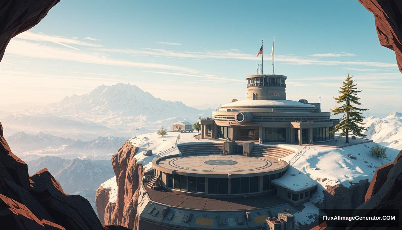 Cel shaded art, wide shot, a sci-fi center on the top of a snow mountain, open air, close look, cyberpunk, military base, Star Wars style, indoor, patio, morning, sunlight, fortress, mountain, rock, snow, tarmac, parking apron, cave, tree, landing field, cliff, round shape, tower. - Image