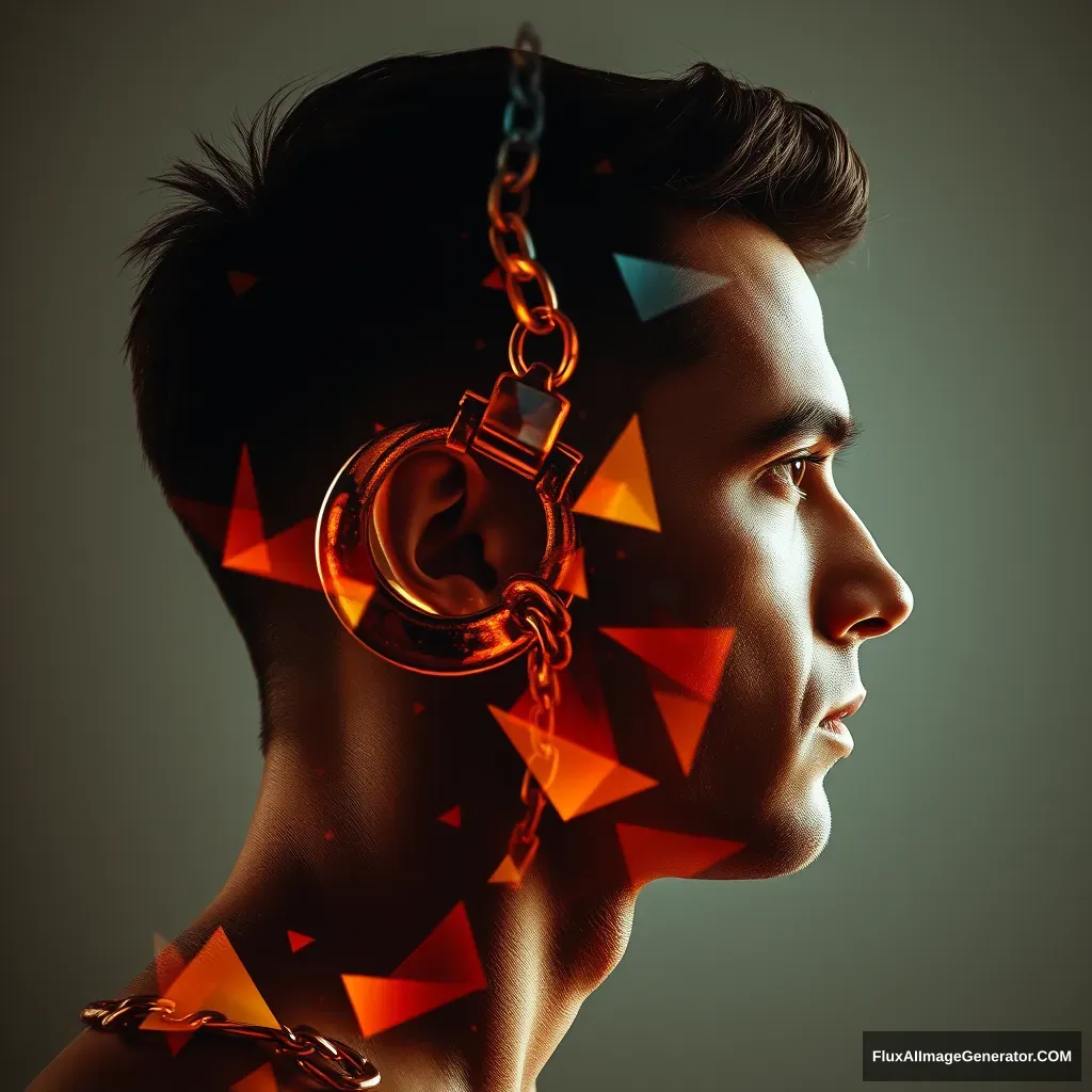 "[Abstract style shackles] within the profile of a [man]'s head, this is a double exposure photo. Non-representational, colors and shapes, emotional expression, imaginative, very detailed."