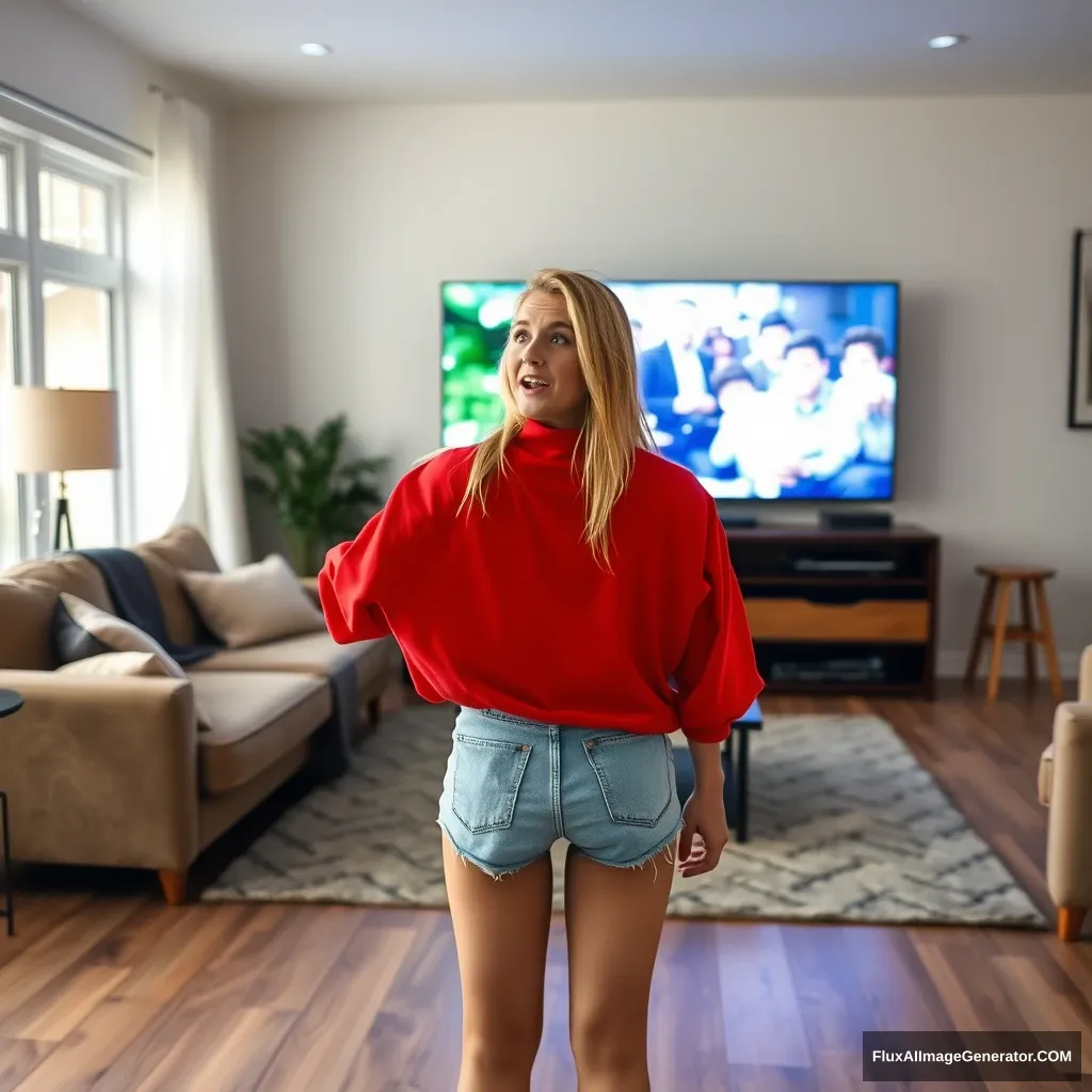 Front view of a young blonde skinny woman in her early twenties, in her large living room, wearing a massively oversized red polo shirt that is a bit off-balance on one shoulder. The bottom part of her shirt is tucked in, and she is also wearing light blue denim shorts. She has no shoes or socks on, facing her TV with a shocked expression, and she dives into the magical TV. - Image