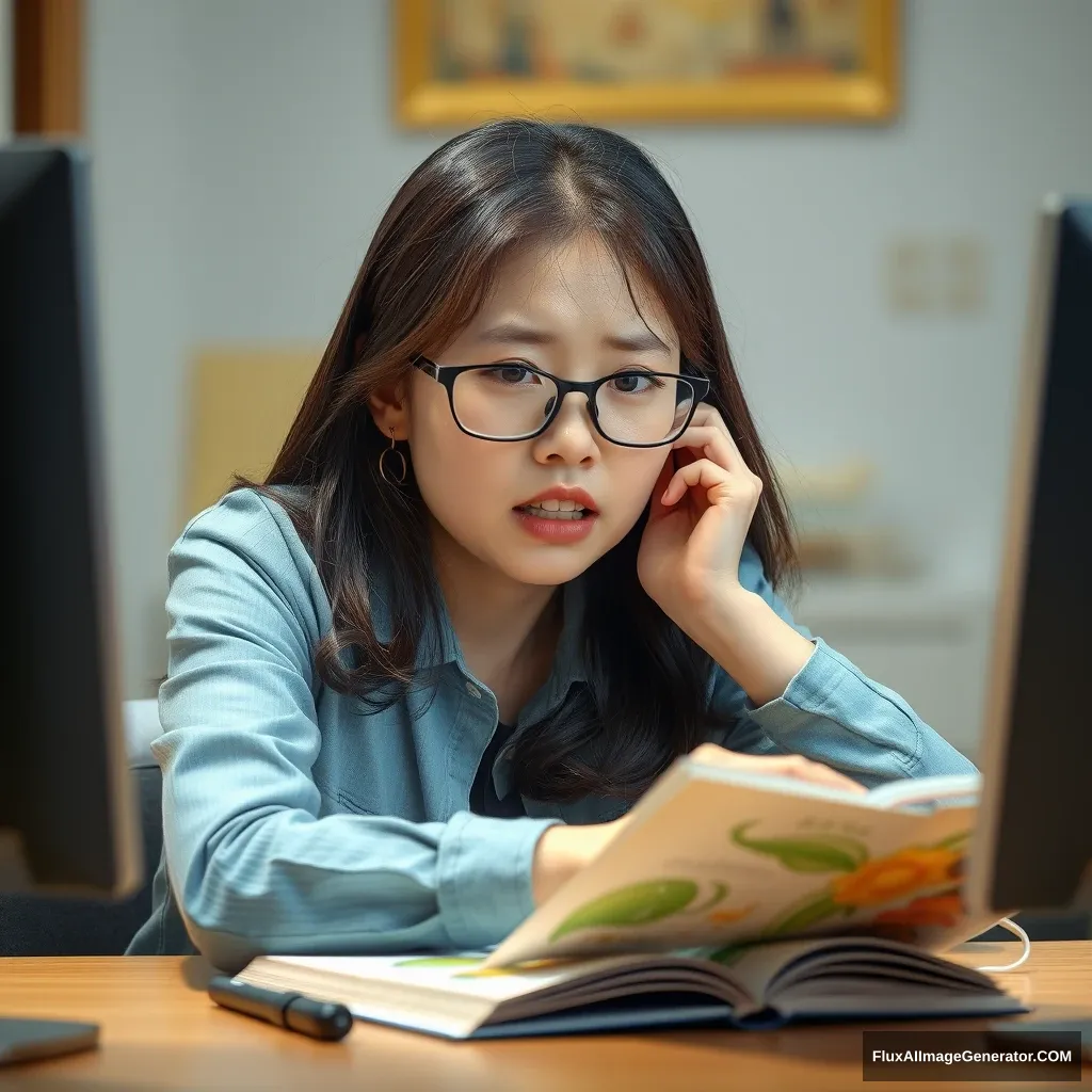 A Korean female teacher struggling to create a picture book using generative AI in front of her computer, showing a very angry expression because things aren't going as planned.