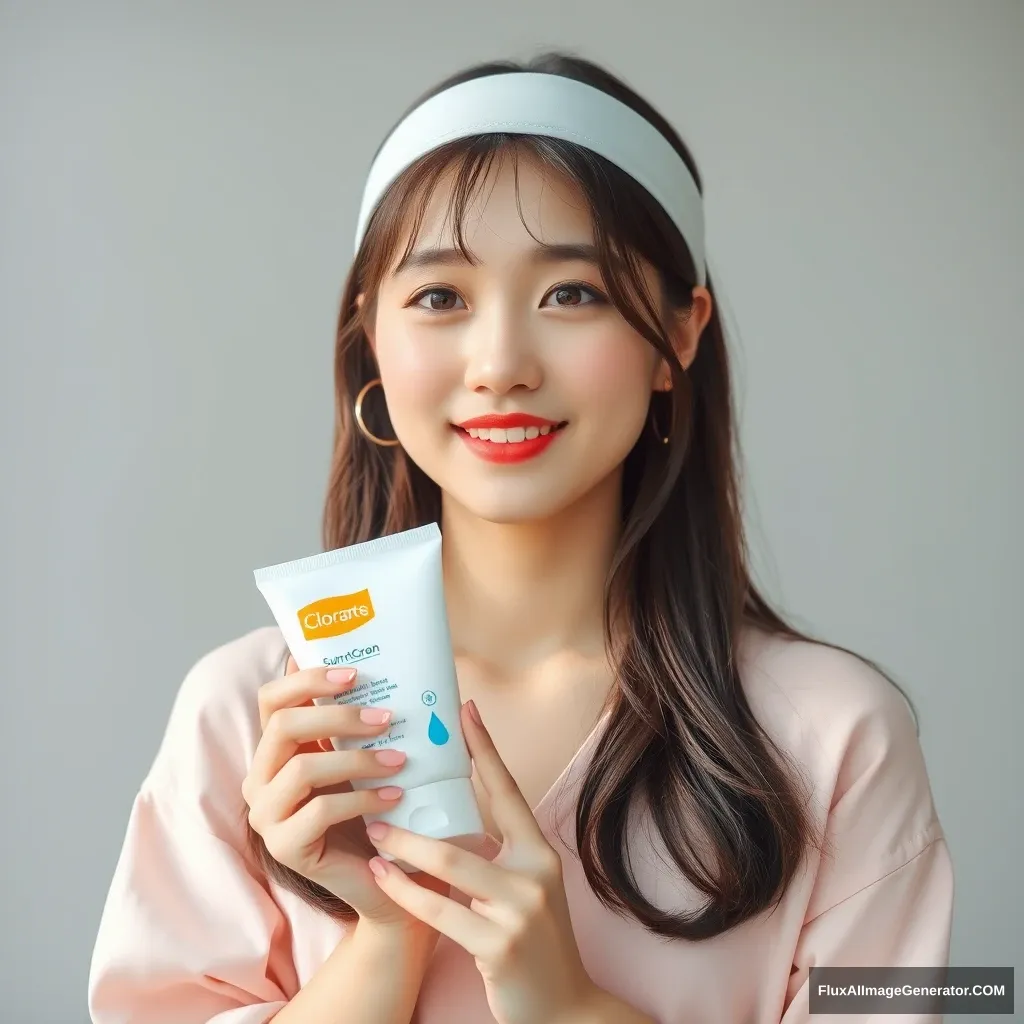 A Korean idol-style woman holding a sunscreen product.