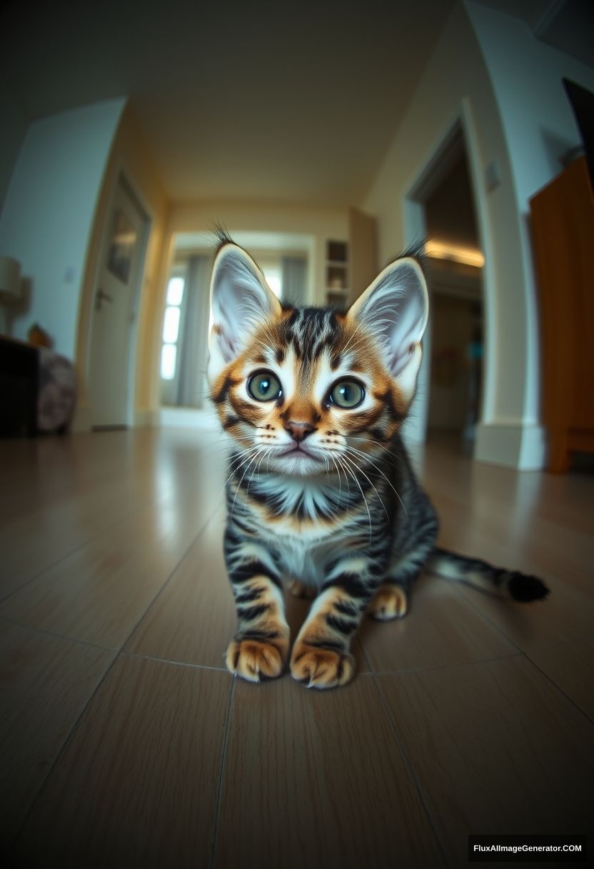 An American Shorthair kitten, on the floor, looking towards the camera, panoramic view, light tracing, global lighting effects, 2k.