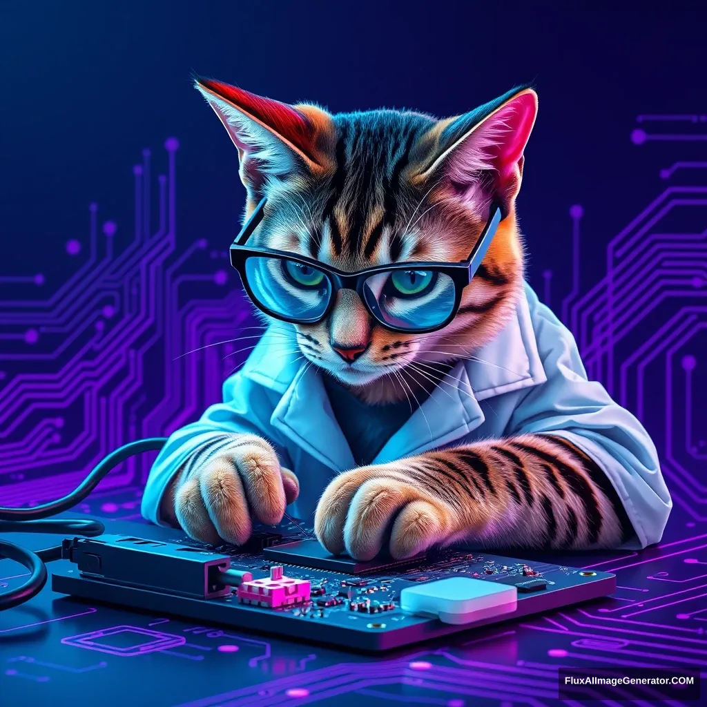 A sleek tabby cat, wearing smart glasses and a miniature lab coat, meticulously solders a futuristic motherboard. The scene resembles a flat, minimalist UI design with neon circuit patterns. Cool blues and vibrant purples dominate, evoking a sense of cutting-edge technology and feline precision. - Image