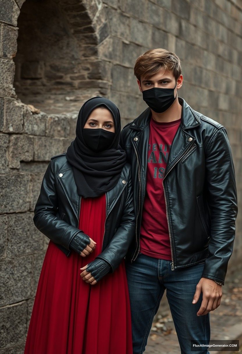 A biggest black hijab girl, beautiful eyes, face mask black, black leather jacket, biggest red longest dress, not tall,

Jamie Dornan, handsome, face mask black, fit and tough body, metal red t-shirt, black leather jacket, jeans, tall man,

standing near wall together,
Hyper realistic, photorealistic, street photography, Victoria's abandoned castle, gloomy.