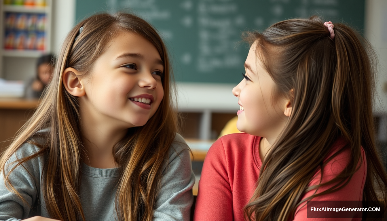 Two girls blush and coyly embrace, looking into each other's eyes, as they are unexpectedly put into a homework group together, f2.4, natural light, photograph. - Image