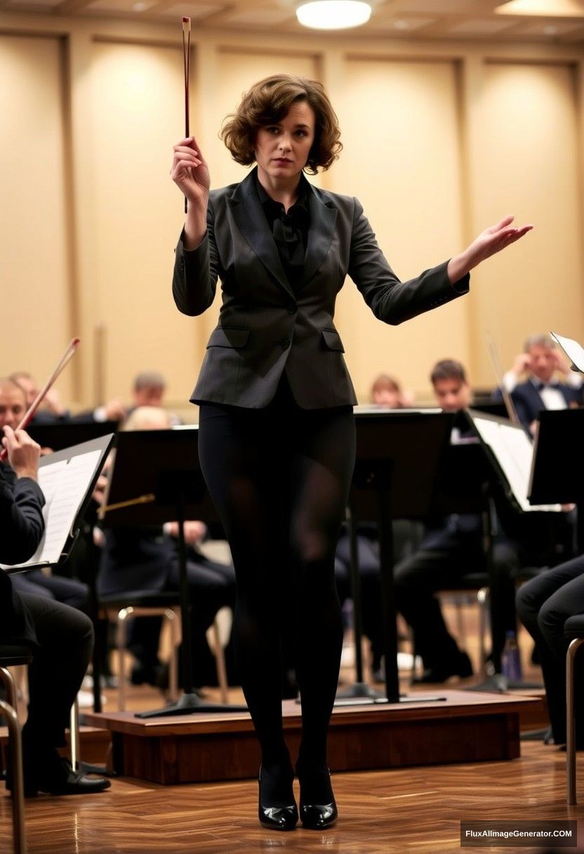 Ellen Page standing in an orchestra conductor outfit in the character environment, curly short hair, blazer, pantyhose, stiletto pumps.