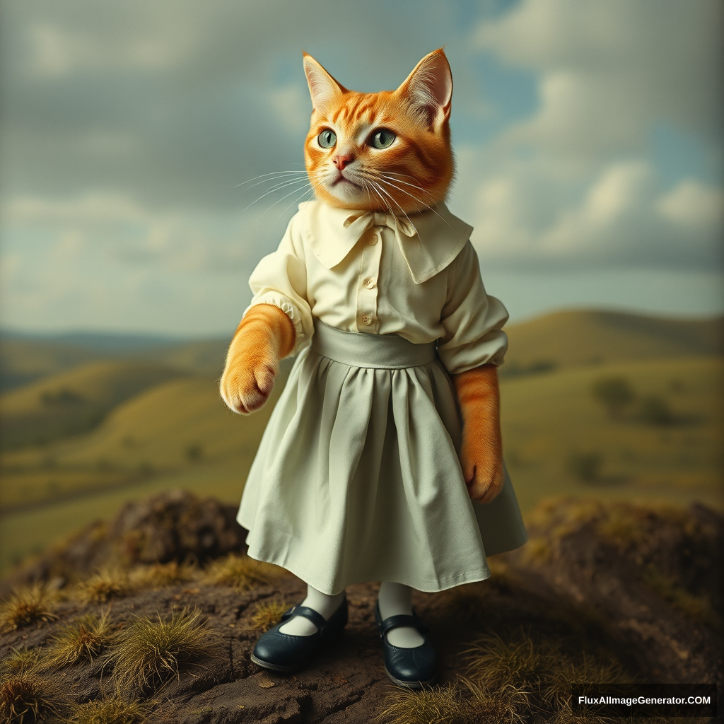 (surrealist photography of an anthropomorphic cat, cat paw, dressed in a pleated skirt with a blouse tucked in and Mary Jane shoes), (strange landscape), detailed.